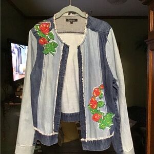 Relativity Blue and Red Jean Jacket with Floral Embroidery